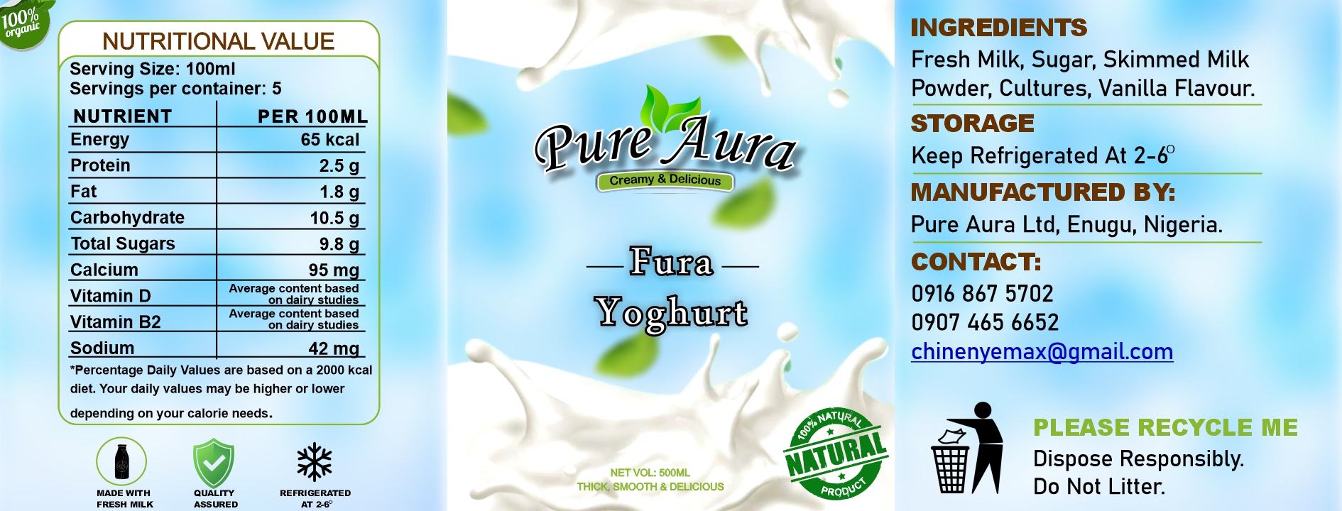 Pure Aura Fura Yoghurt product label